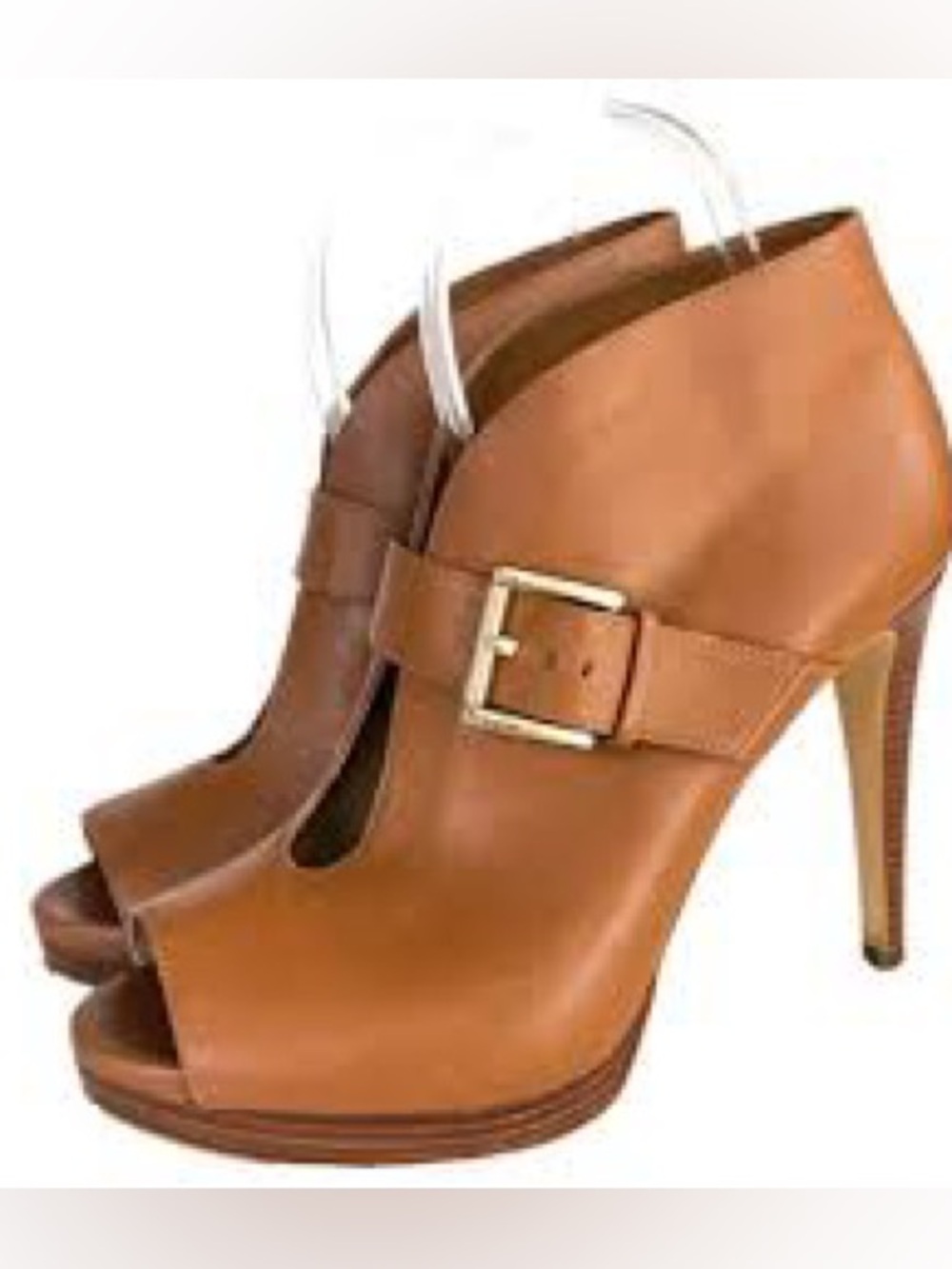 Michael Kors Tan Leather Peep-Toe Stiletto Booties with Buckle